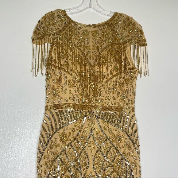 Mac Duggal 4715 Size 12 Embellished Fringe Cap Sleeve Trumpet Gown, Light Gold - Picture 5 of 10